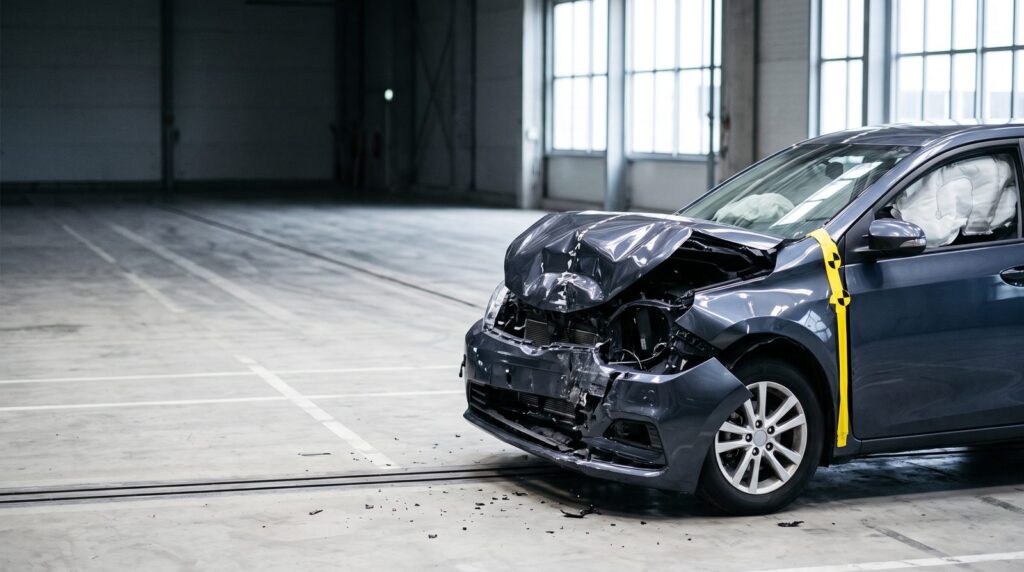 Il frontale di un'auto moderna accartocciato dopo un crash test, con l'abitacolo intatto