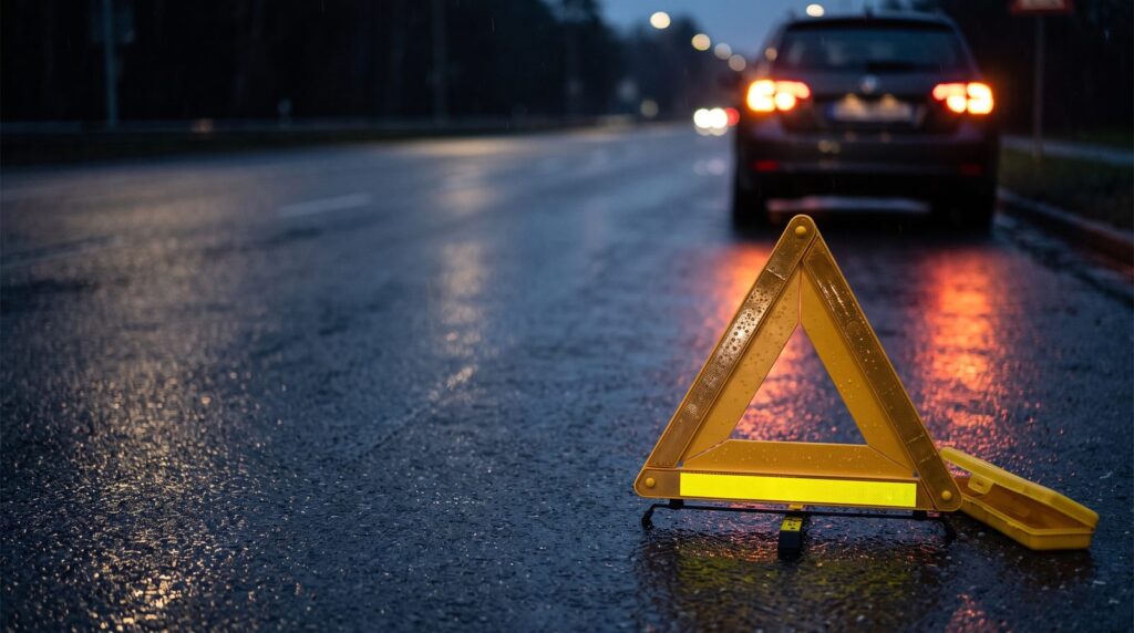 Un triangolo di emergenza sull'asfalto bagnato, di sera, davanti a un'auto ferma