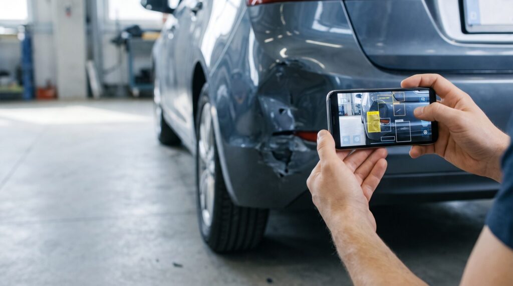 Uno smartphone che inquadra un paraurti ammaccato con riquadri di riconoscimento