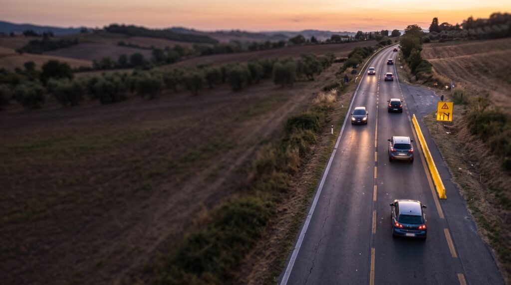 Una strada extraurbana al tramonto vista dall'alto