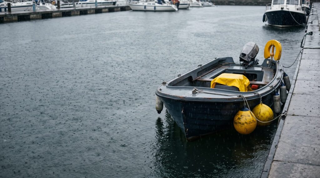 Una piccola barca a motore ormeggiata in porto sotto la pioggia